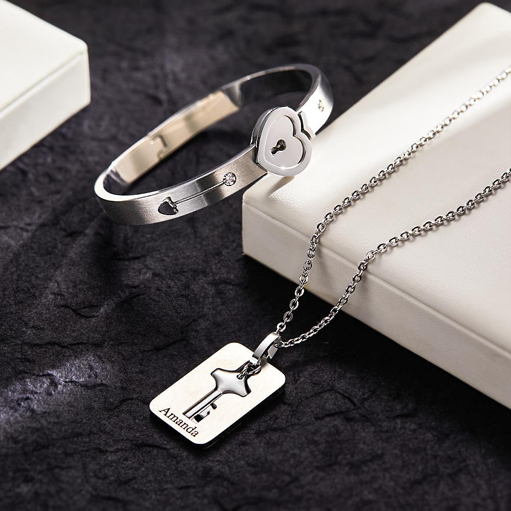 Benutzerdefinierte Gravierte Concentric Lock Armband Schlüssel Halskette Paar Geschenke - ihrenamenskettede