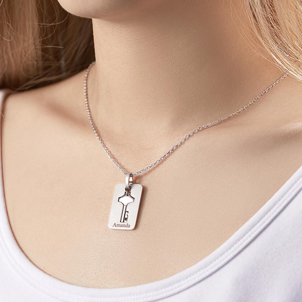 Benutzerdefinierte Gravierte Concentric Lock Armband Schlüssel Halskette Paar Geschenke - ihrenamenskettede