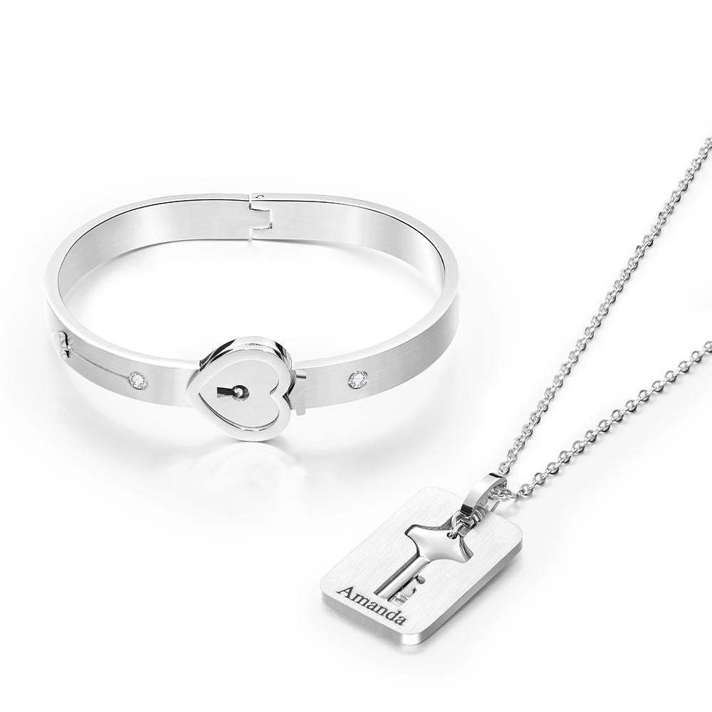 Benutzerdefinierte Gravierte Concentric Lock Armband Schlüssel Halskette Paar Geschenke - ihrenamenskettede
