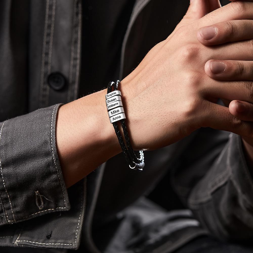 Benutzerdefinierte Gravierte Armband Perlen Geflochtene Leder Herrengeschenke - ihrenamenskettede
