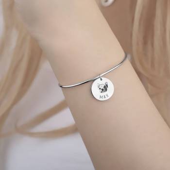 Portrait Photo Bangle with Engraving Round Shape Silver Plated 