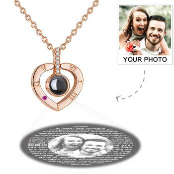 Personalized Photo With 100 Languages Says I Love You Projection Necklace Heart-shaped Rose Gold 