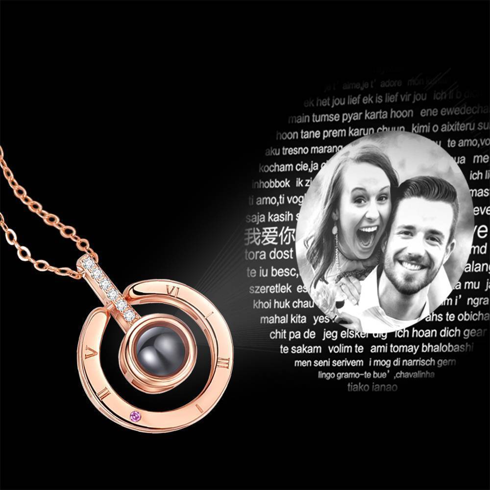 Personalized Photo With 100 Languages Says I Love You Projection Necklace Round-shaped Rose Gold