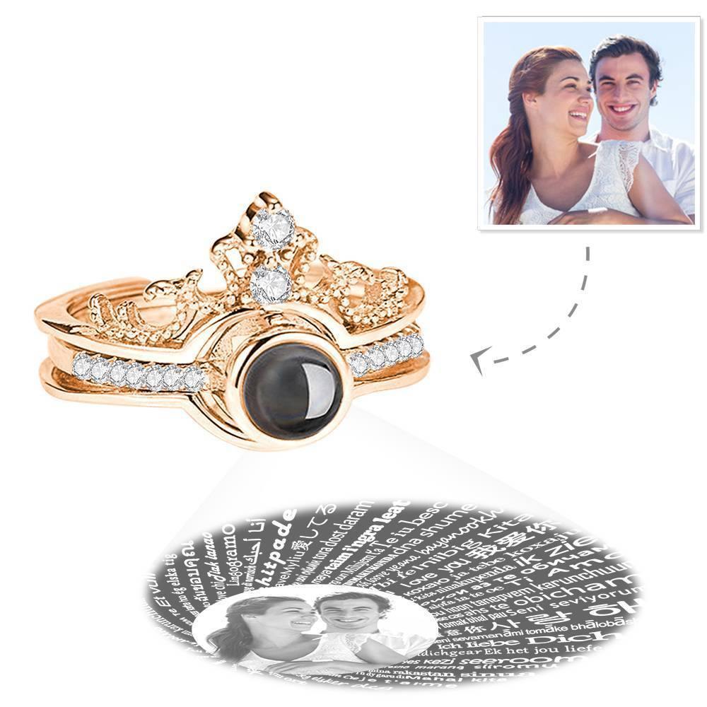 Ich Liebe Dich Ring In 100 Sprachen Projektion Foto Graviert Krone Ring, Romantisches Geschenk Zwei In Einem Rose Gold Plattiert - Silber
