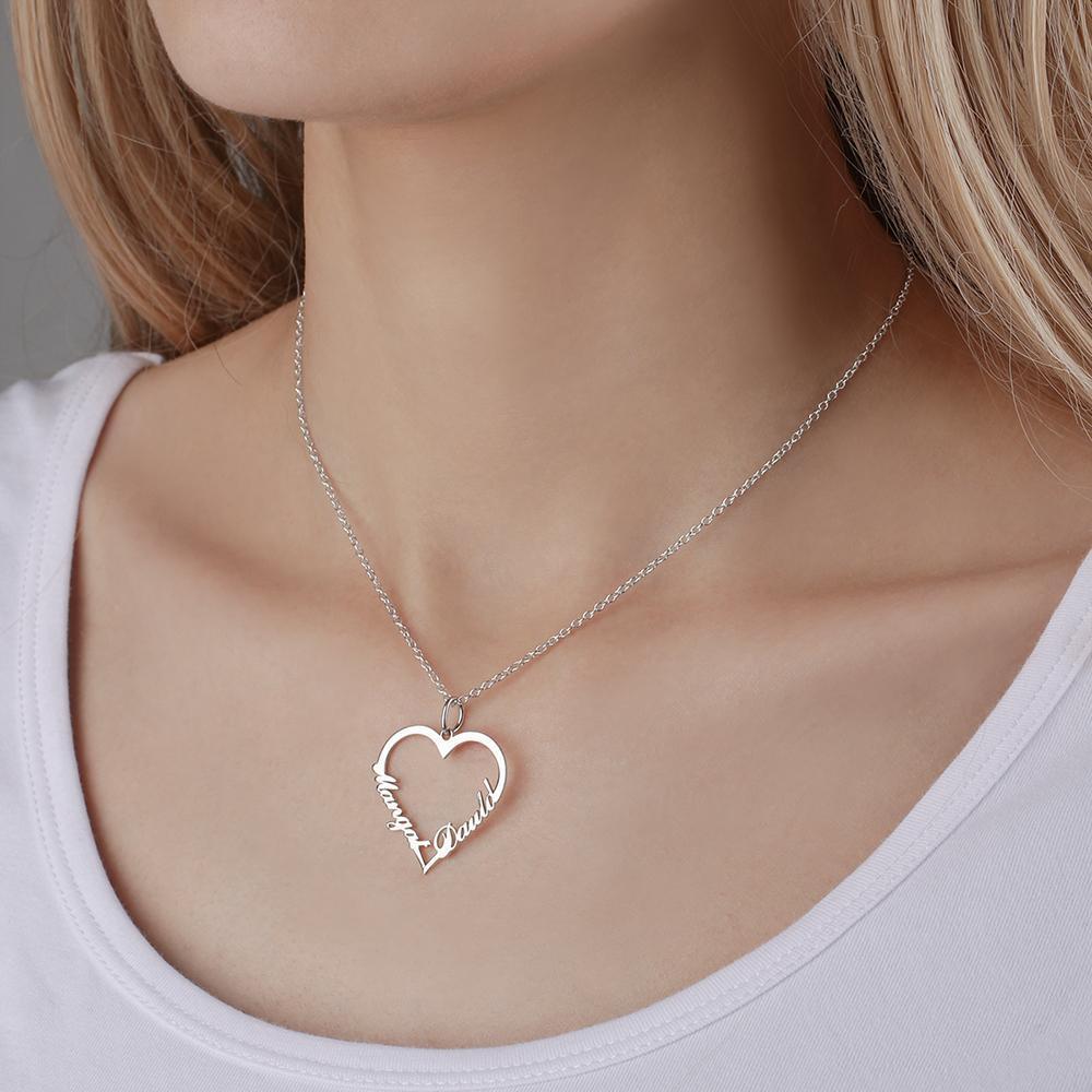 Custom Heart shaped Two Name Necklace Perfect Gift Silver