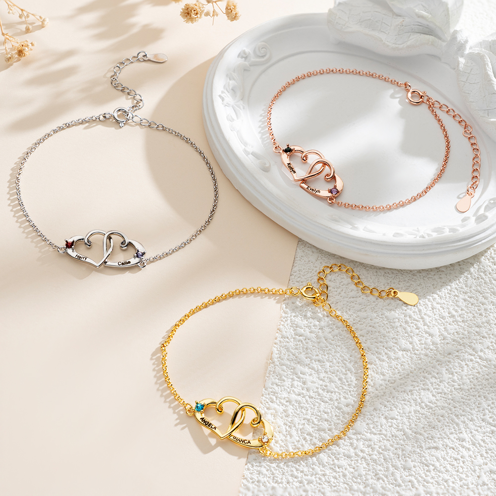 Personalisiertes Doppelherz-armband Mit Geburtssteingravur Und Ineinandergreifenden Herzen – Perfekt Für Paare Und Beste Freunde - namenecklacede