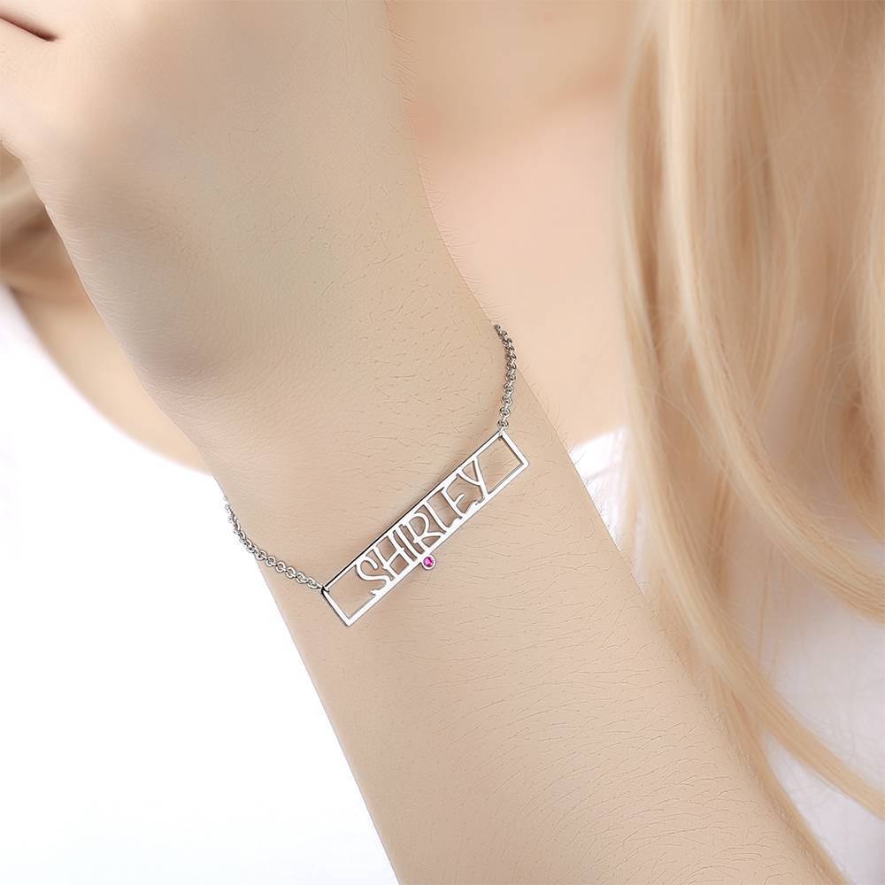 Hollow Carved Bar Name Bracelet with Custom Birthstone Silver Plated