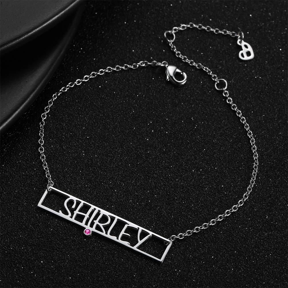 Hollow Carved Bar Name Bracelet with Custom Birthstone Silver Plated
