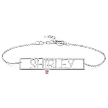 Hollow Carved Bar Name Bracelet with Custom Birthstone Silver Plated 