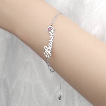 Personalized Birthday Gift Name Bracelet with Custom Birthstone Platinum Plated Silver