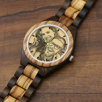 Men's Engraved Wooden Photo Watch Wooden Strap 45mm