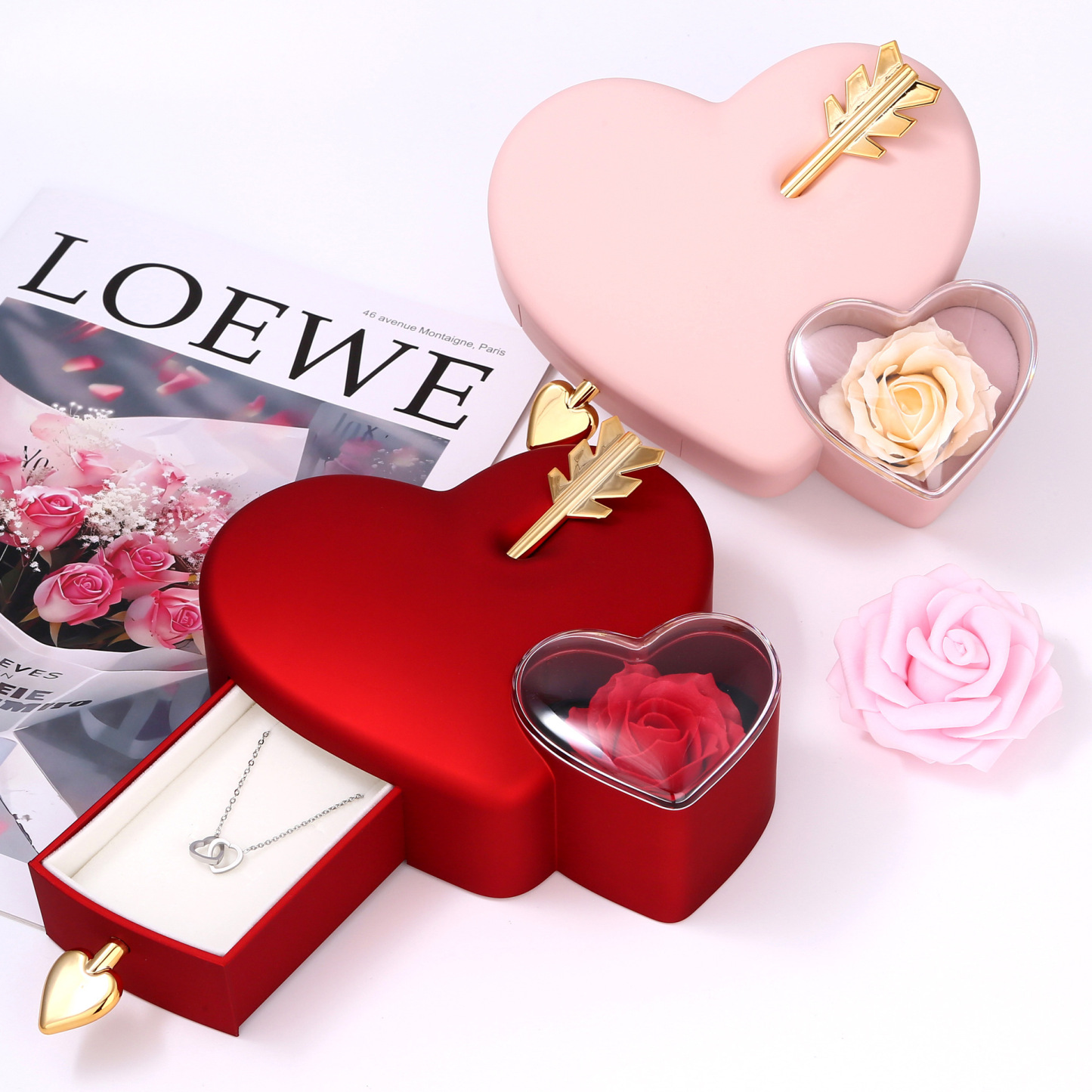 Geschenkbox Mit Amor-pfeil In Herzform, Inklusive Halskette Und Romantischer Roter Schmuckschatulle In Herzform Für Sie - namenecklacede