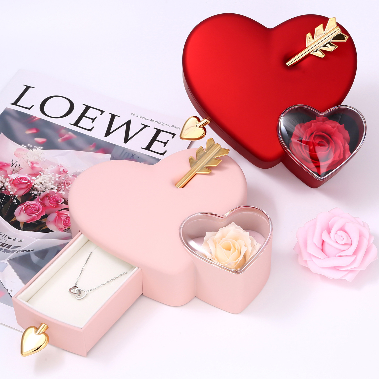 Geschenkbox Mit Amor-pfeil In Herzform, Inklusive Halskette Und Romantischer Roter Schmuckschatulle In Herzform Für Sie - namenecklacede