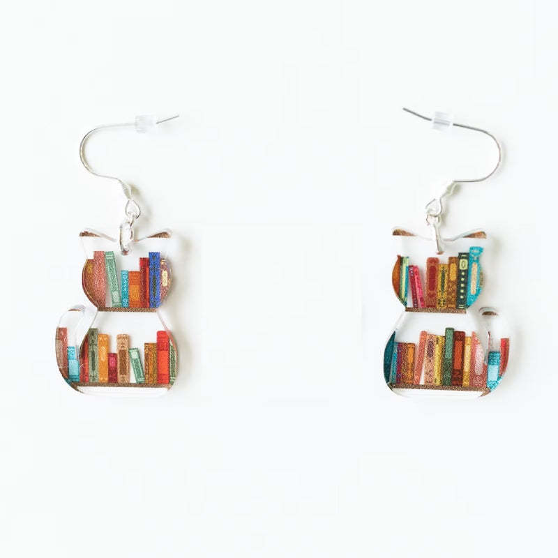 Katze-hund-buch-ohrringe, Lustiger Acryl-bücherregal-ohrring, Schmuck Für Buchliebhaber-geschenke - ihrenamenskettede