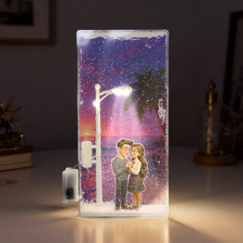 Diy-materialset: Individuell Gestaltete Verschneite Straßenszene, Paarfoto, Treibsand-nachtlicht, Personalisierter Hintergrund, Figur, Acryl-sandflusslampe, Mikrolandschaft, Acryl-nachtlicht - namenecklacede