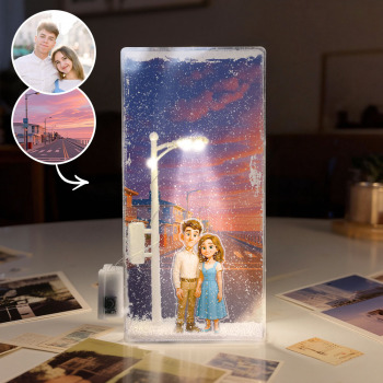 Diy-materialset: Individuell Gestaltete Verschneite Straßenszene, Paarfoto, Treibsand-nachtlicht, Personalisierter Hintergrund, Figur, Acryl-sandflusslampe, Mikrolandschaft, Acryl-nachtlicht - namenecklacede