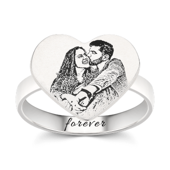 Heart Photo Engraved Ring With Engraving Platinum Plated Silver