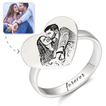 Heart Photo Engraved Ring With Engraving Platinum Plated Silver