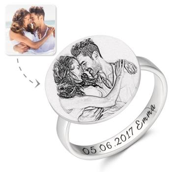 Fotoring Mit Gravur Platinplattiertes Silber Rund, Geschenk Für Die Freundin