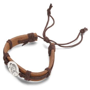 Men's Round Photo Engraved Tag Bracelet Brown Leather Strap