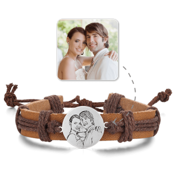 Men's Round Photo Engraved Tag Bracelet Brown Leather Strap