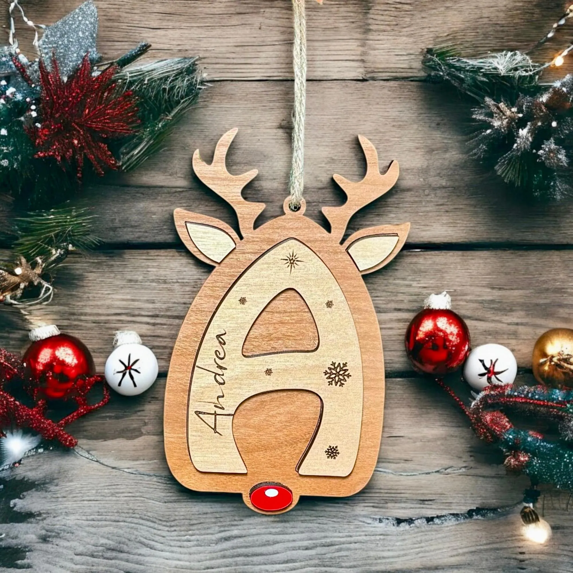 Personalisiertes Rentier-buchstaben-ornament, Benutzerdefinierter Name, Weihnachten, Initiale, Retro-holz-rentier-dekor