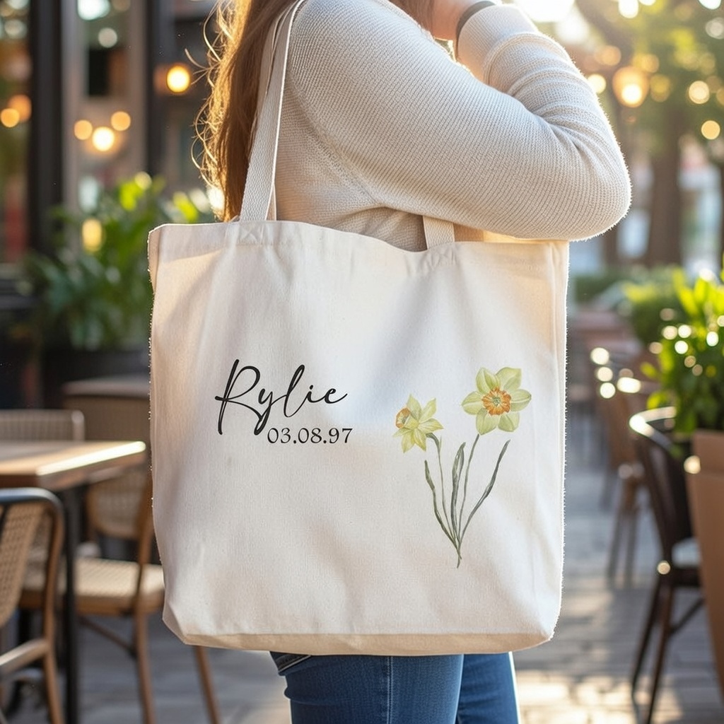 Personalisierte Tragetasche Aus Canvas Mit Geburtsblumenstrauß, Individuell Gestaltet Mit Namen Und Datum – Ein Umweltfreundliches Geschenk Für Sie. - namenecklacede