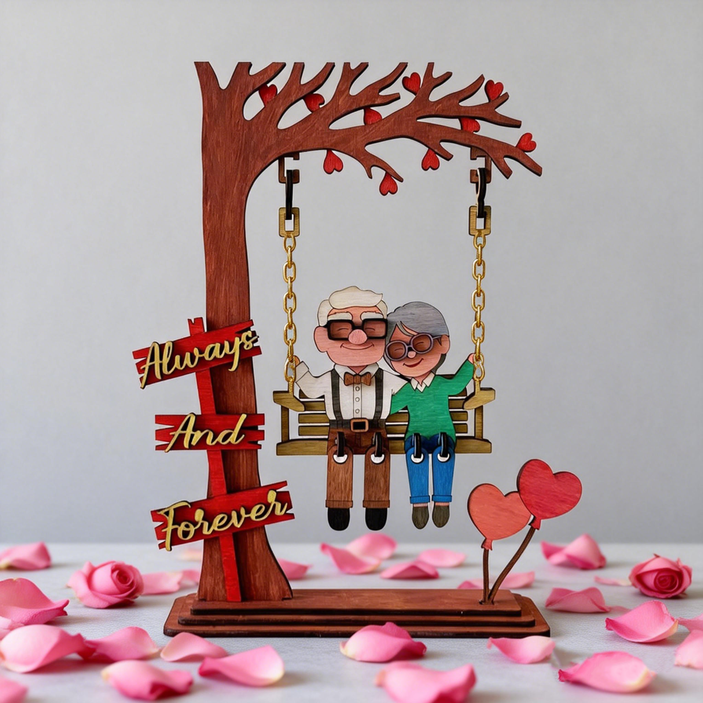Gemeinsam Alt Werden – Personalisiertes Foto Als Cartoon-paar Auf Einer Schaukel – Tischdekoration Aus Holz – Valentinstags-holzkunst - namenecklacede