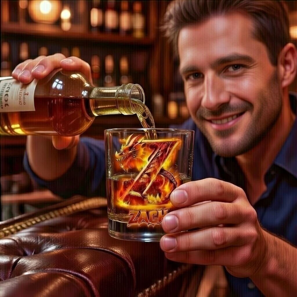 Personalisiertes Whiskeyglas Mit Feuerdrachen-motiv, Individuellem Monogramm Und Feuerdrachen-umrandung – Einzigartiges Geschenk Für Ihn - namenecklacede