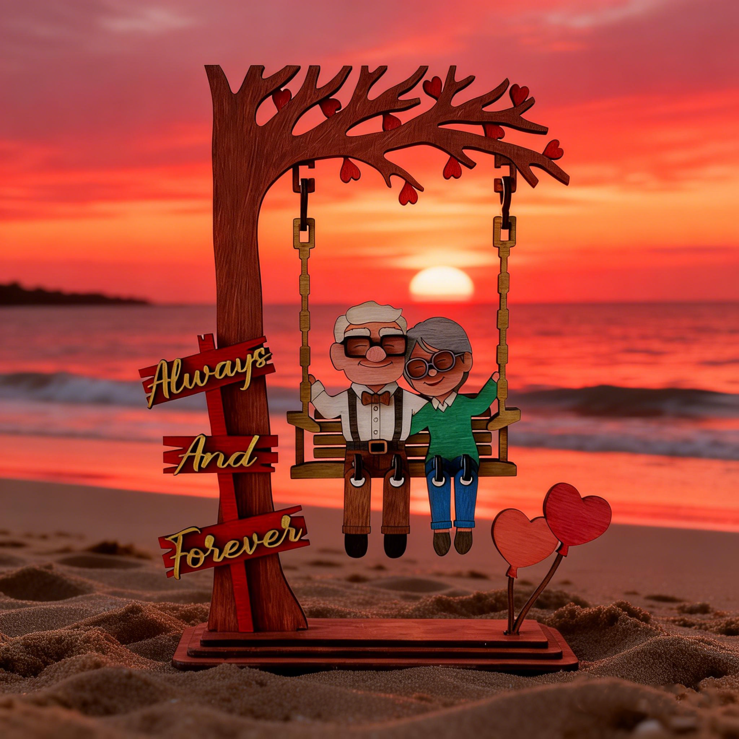 Gemeinsam Alt Werden – Personalisiertes Foto Als Cartoon-paar Auf Einer Schaukel – Tischdekoration Aus Holz – Valentinstags-holzkunst - namenecklacede