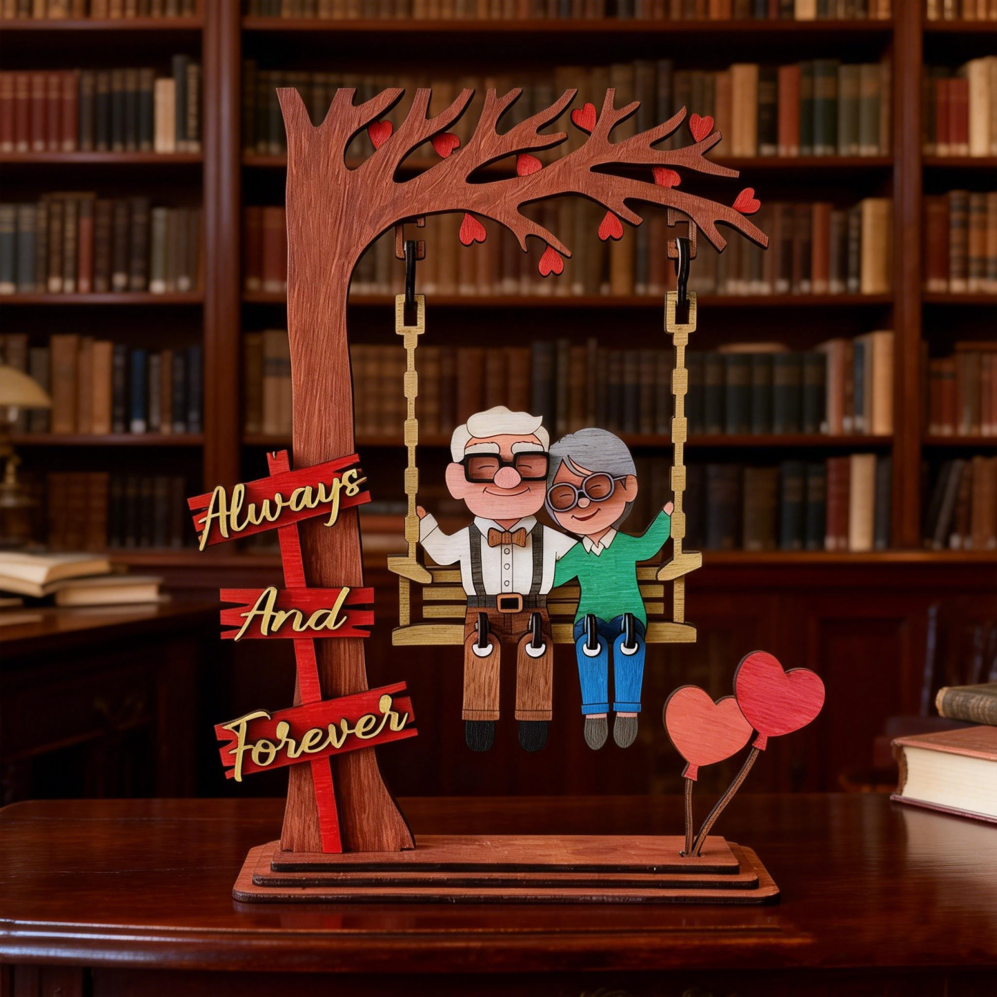 Gemeinsam Alt Werden – Personalisiertes Foto Als Cartoon-paar Auf Einer Schaukel – Tischdekoration Aus Holz – Valentinstags-holzkunst - namenecklacede