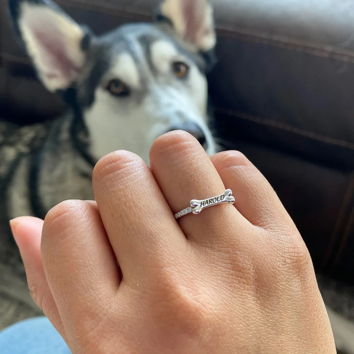 Custom Pet Name Dog Bone Ring – Personalized Dog Bone and Crystal-Accented Tribute to Your Furry Friend