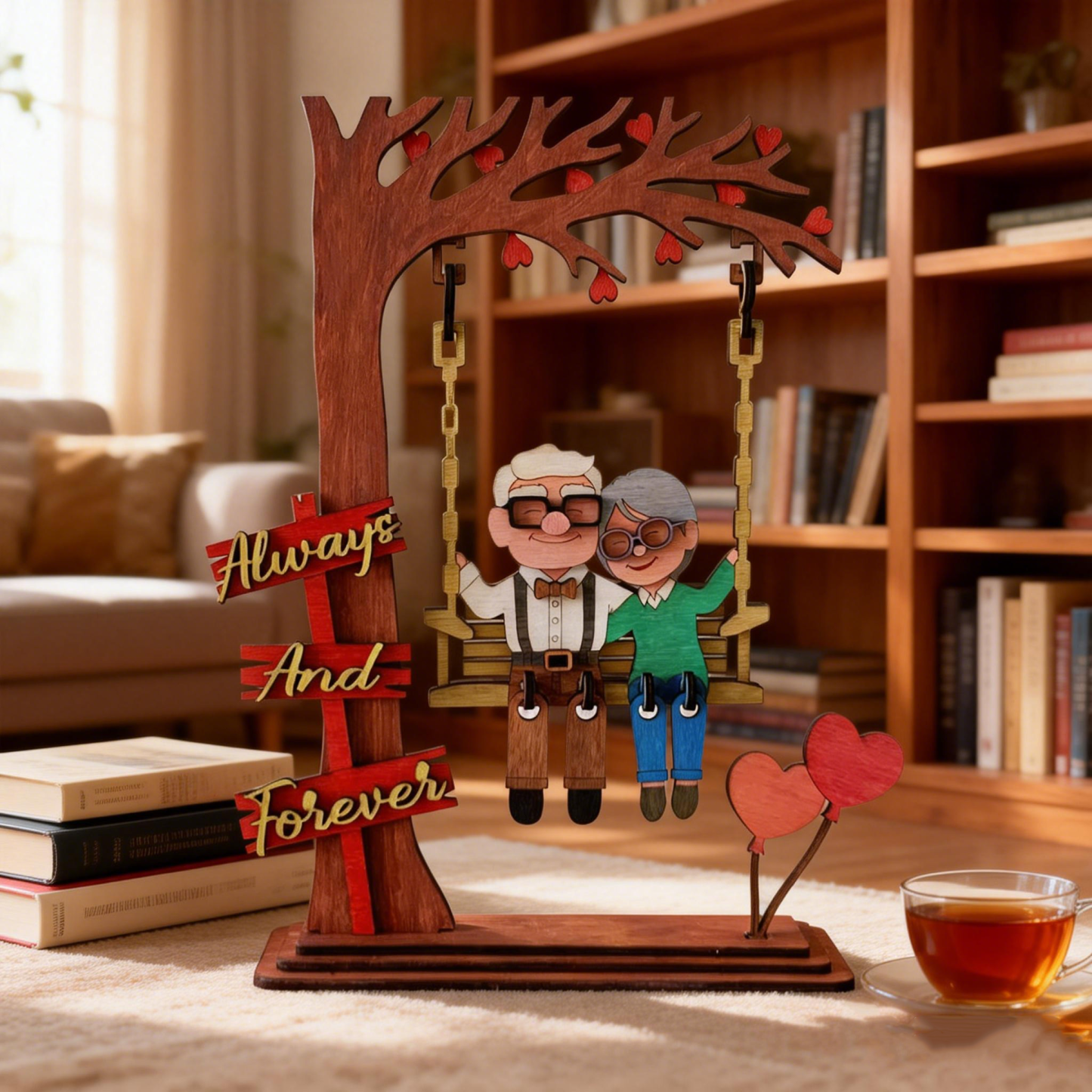 Gemeinsam Alt Werden – Personalisiertes Foto Als Cartoon-paar Auf Einer Schaukel – Tischdekoration Aus Holz – Valentinstags-holzkunst - namenecklacede