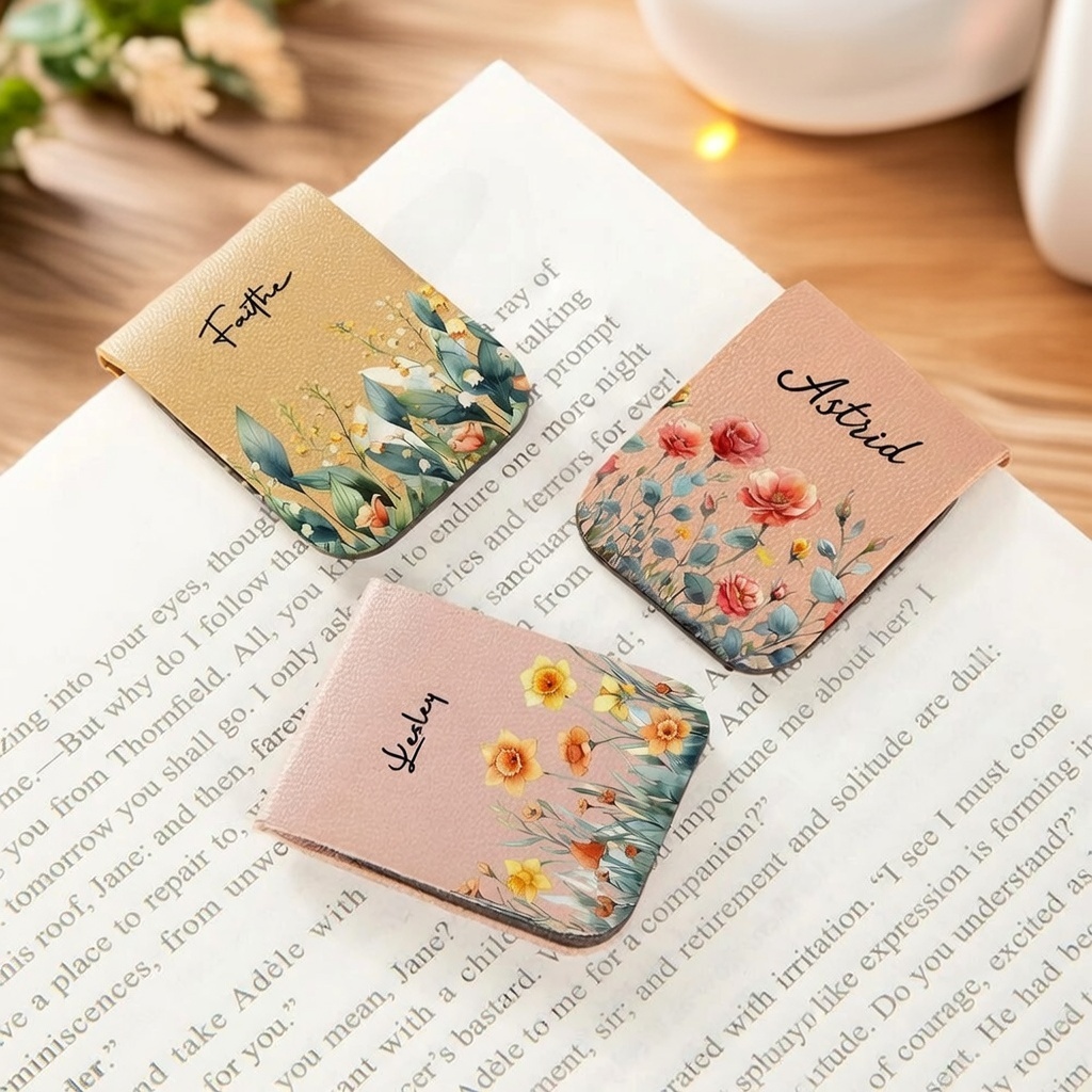 Personalisiertes Lesezeichen Aus Leder Mit Aquarell-geburtsblume, Individueller Name, Elegantes Seitenmarker Aus Pu-leder - namenecklacede