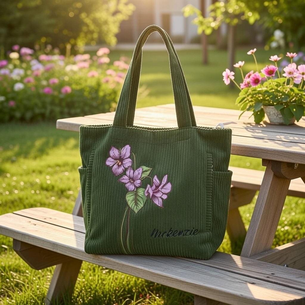 Personalisierte Cord-tragetasche Mit Geburtsblume Und Namen, Große Tasche Mit Reißverschluss Und Seitentaschen, Ideales Geschenk Für Sie - namenecklacede