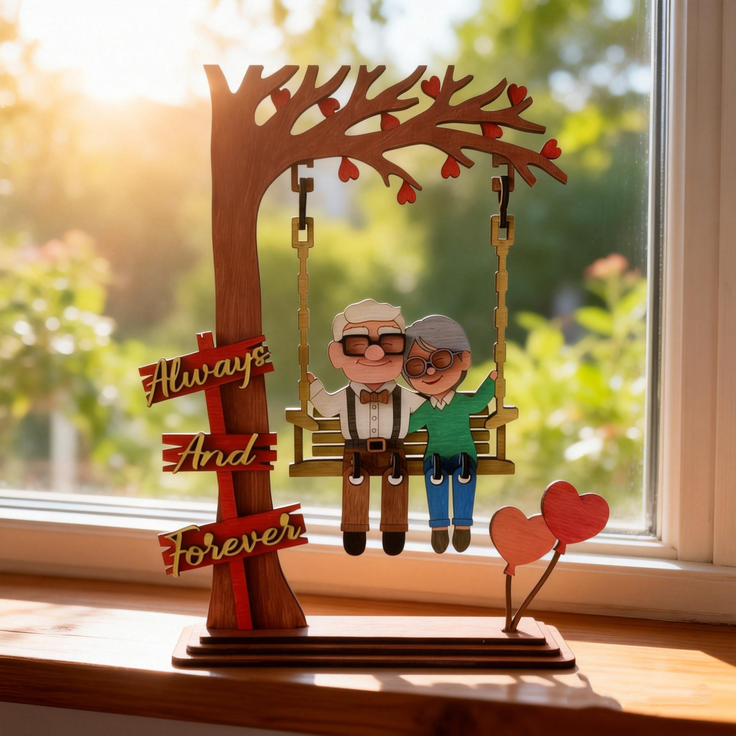 Gemeinsam Alt Werden – Personalisiertes Foto Als Cartoon-paar Auf Einer Schaukel – Tischdekoration Aus Holz – Valentinstags-holzkunst - namenecklacede