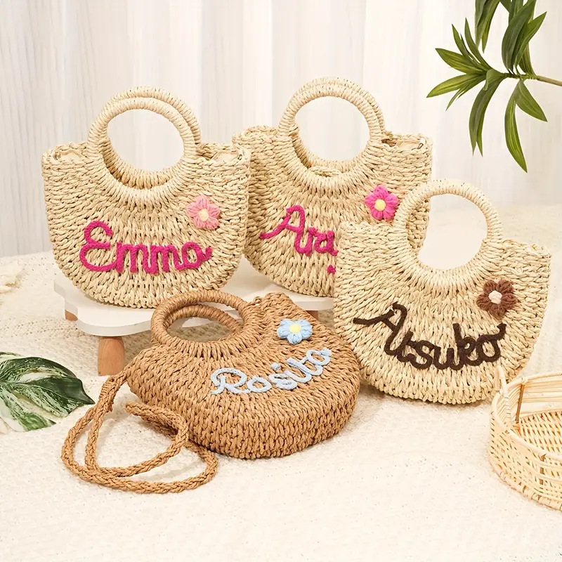 Personalized Straw Beach Bag Custom Summer Name Beach Braided Straw Tote Handwoven Beach Bag Summer Beach Accessory