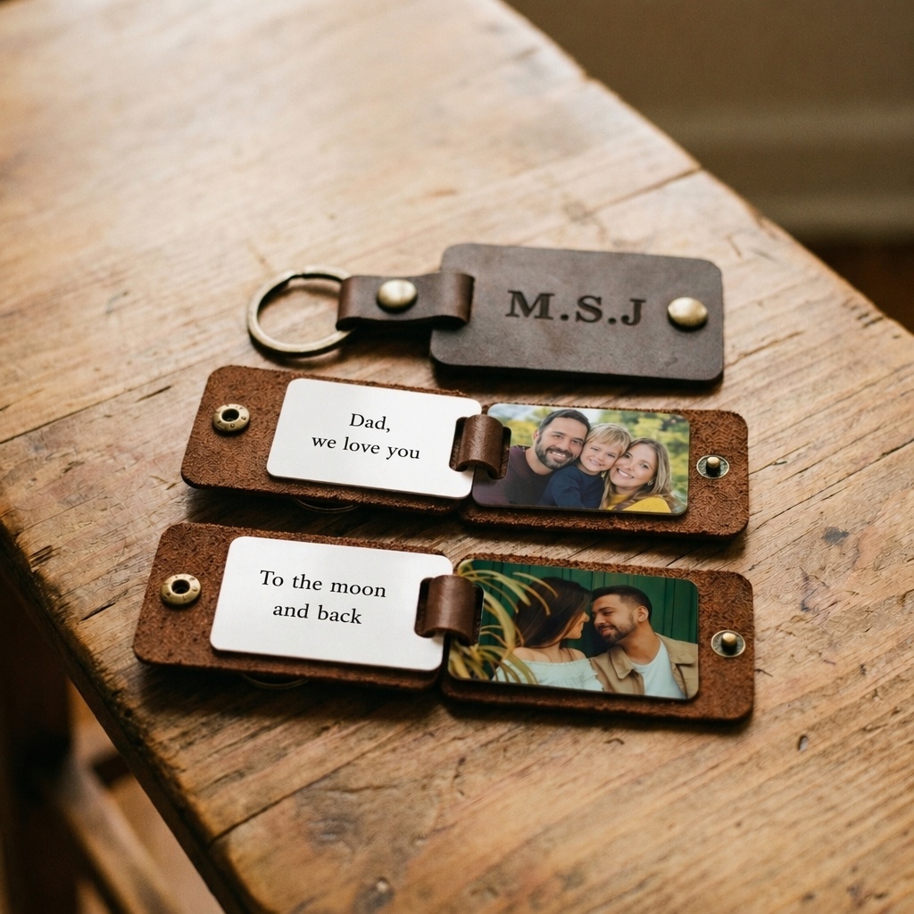 Personalized Inscription Leather Photo Keychain Custom Text Multi Picture Keyring Father's Day Gift for Best Dad Ever