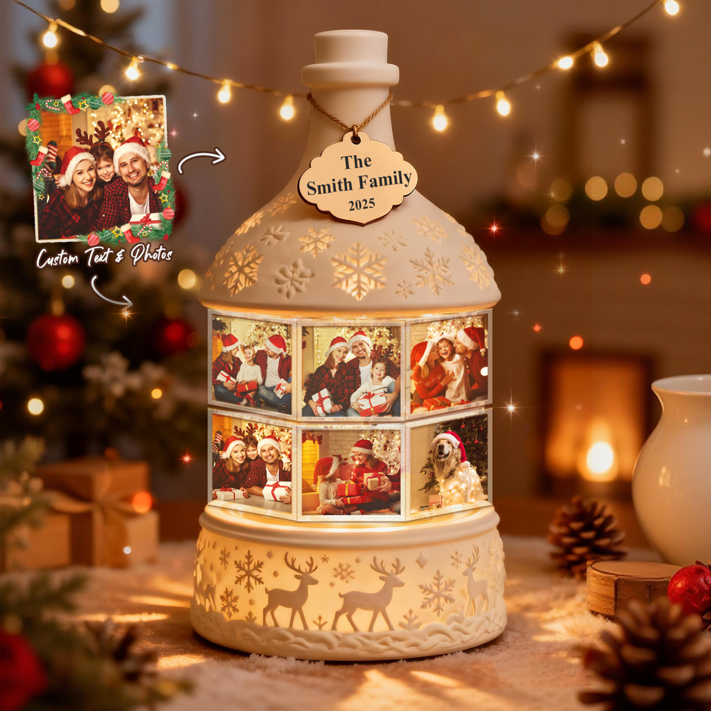 Custom Multi-Photo Rotating Night Light Music Box Engraved Family Keepsake Lamp Christmas Drift Bottle Light Christmas Tree Light Christmas Gift - namenecklace