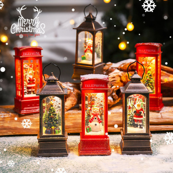 Vintage LED Christmas Lantern Night Light  Retro Christmas Snow Globe Lantern Lighted Christmas Scene Phone Booth/Lantern Christmas Decor