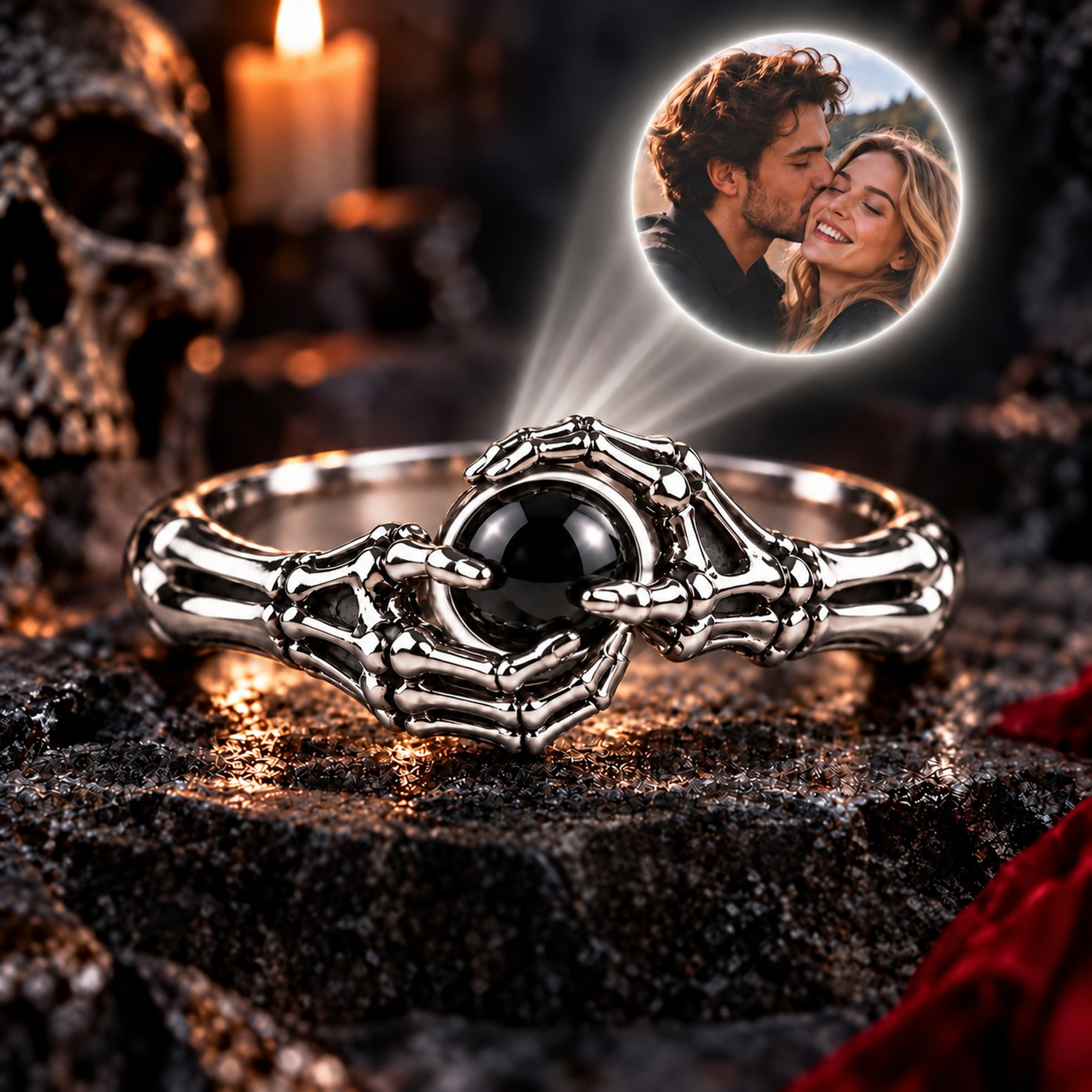 Personalized Skull Photo Projection Ring – Custom Picture 3D Carved 925 Sterling Silver Skull & Bones