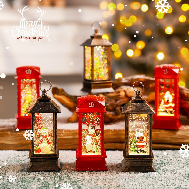 Vintage LED Christmas Lantern Night Light  Retro Christmas Snow Globe Lantern Lighted Christmas Scene Phone Booth/Lantern Christmas Decor