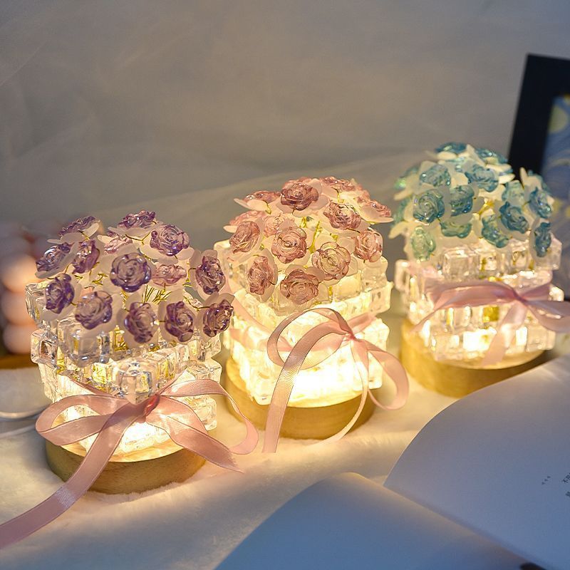 Crystal Rose Night Light USB Desk Lamp Translucent Flower Bouquet LED Mood Lamp Mini Rose Bouquet Nightlight Valentine's Gifts