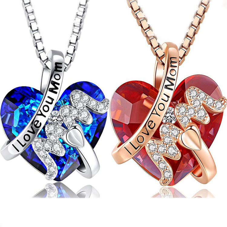Luxury Fashion "Mom" Pendant Necklace Red Blue Heart Crystal Jewelry Mother's Day Gift