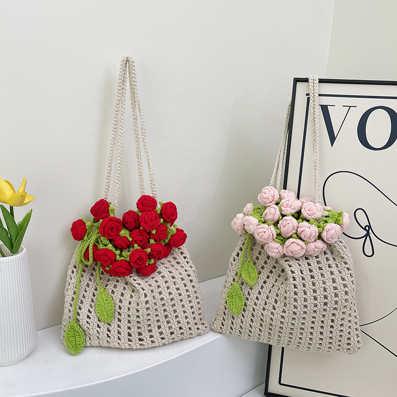 Hand-Crocheted Rose Drawstring Tote Bag Artisan Handmade Boho Crochet Tote Bag with Floral Detail Rose Drawstring Shoulder Bag