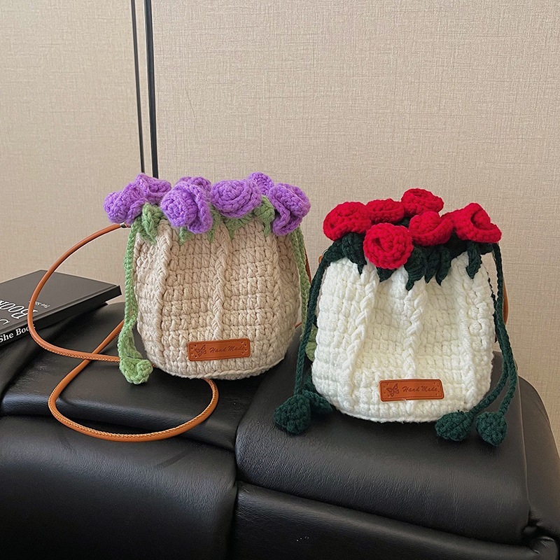 Hand-Knitted Rose Top Mini Shoulder Bag Cute Crocheted Drawstring Purse Floral Crochet Mini Bag Handmade Rose Detail Crossbody Purse