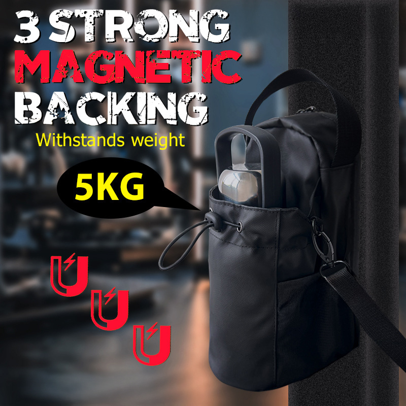 Magnetic Gym Water Bottle Bag 3 Magnet Hands Free Fitness Pouch Secure Workout Organizer Phone Key Card Storage