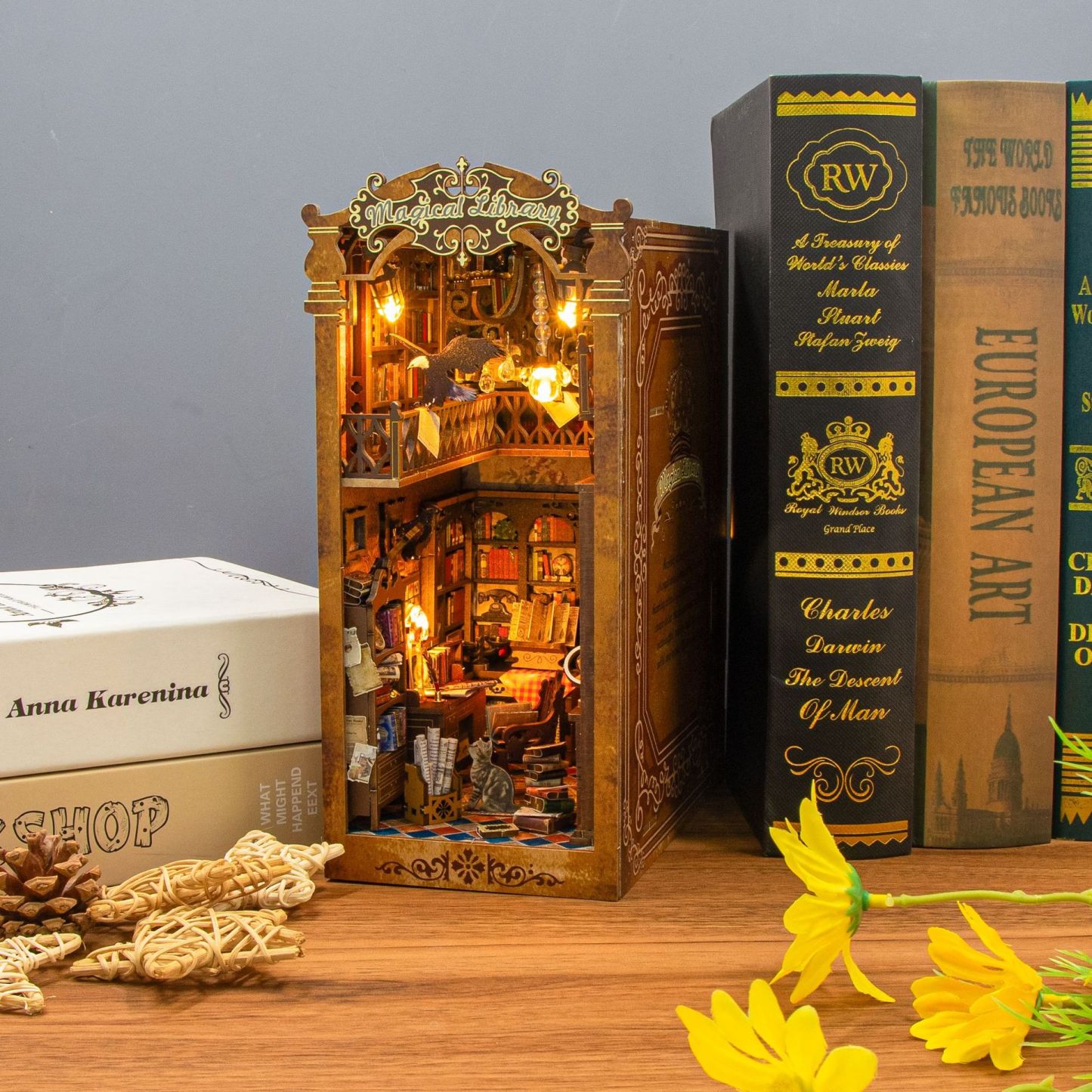 Enchanted Library Book Nook DIY Kit Magical Bookshelf Insert with LED Light & Miniature Details