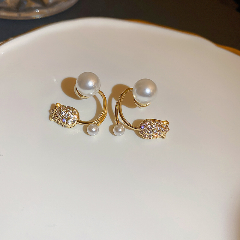 Elegant Tulip Ear Jacket Earrings, Floral Pearl & Rhinestone Studs, Two-Way Flower Ear Cuffs