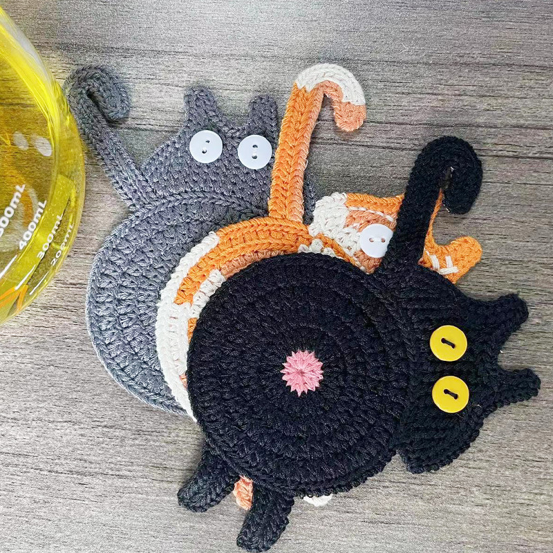 Handmade Crochet Cat Coasters Handcrafted Whimsical Animal Drink Protectors Artisan Hand-Knitted Mats for Feline Fun Gift for Cat Lovers
